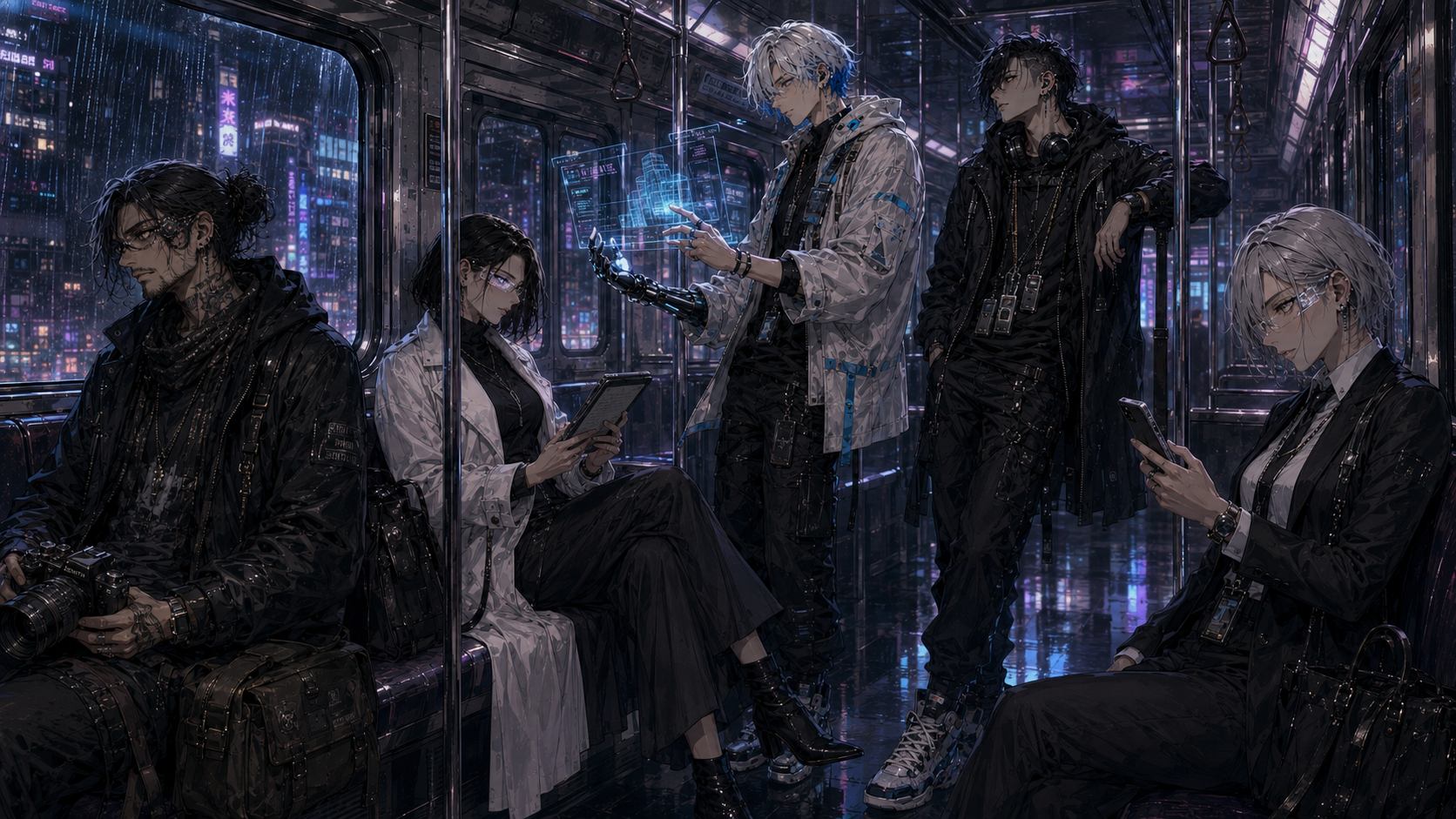 サイバーパンク都市を走る列車内の5人